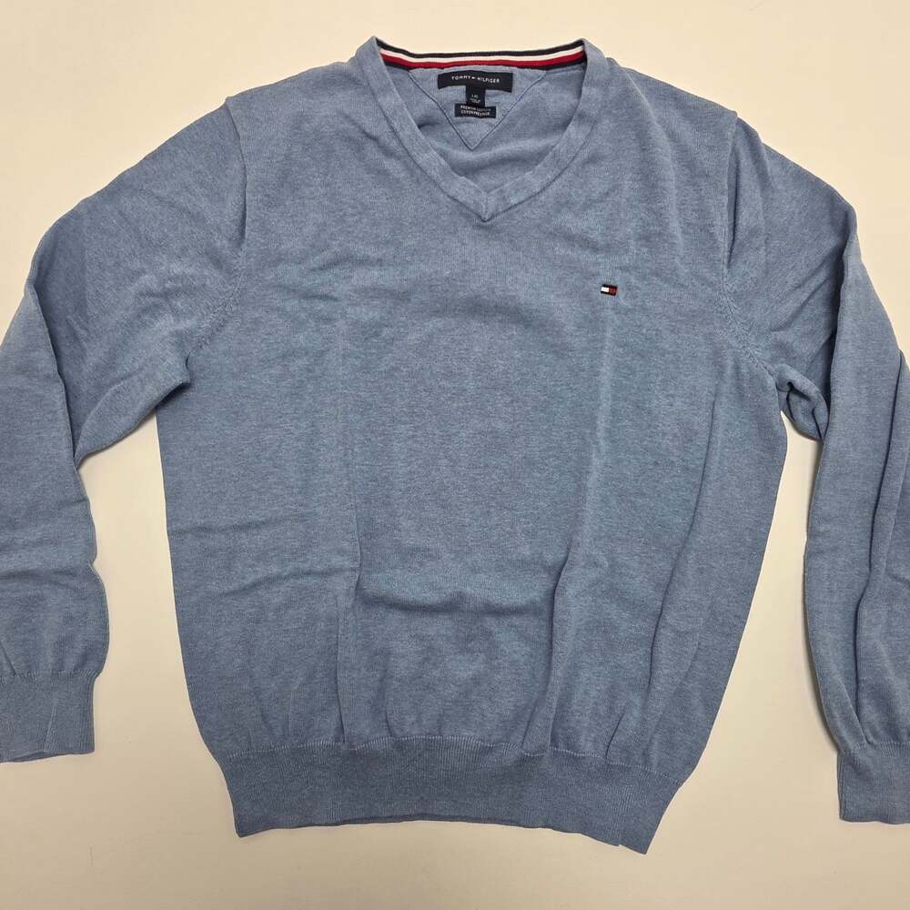 Tommy Hilfiger Men's Blue V-Neck Premium Cotton Sweater Lg Pullover Sweater